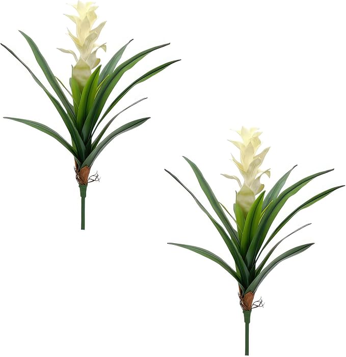 2Pcs Artificial Bromeliad Plants, 18" Fake Hawaiian Ginger Flower,Large Real Touch Faux Tropical Flowers, Lifelike Exotic House Plants for Home Office Indoor Decoration (White)