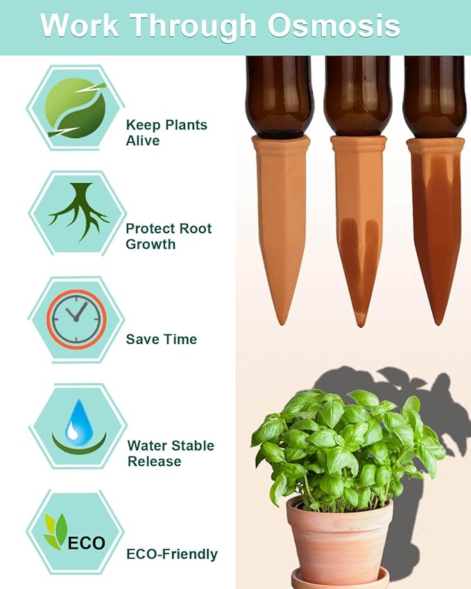 vensovo Terracotta Self Watering Spikes - 16 Pcs Potted Plant Watering Devices Vacation Self-Watering Stakes for Outdoor, Indoor Plants, Wine Bottle