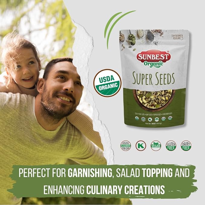Sunbest Natural Organic Super Seeds Mix, 2-Pack – Raw Chia, Flax Seed, Hemp, Pumpkin & Sunflower Seeds – Great For Trail Mix, Smoothies & Salads – Superfood Blend Rich in Protein & Fiber (32 oz)