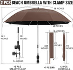 2 PACK Beach Umbrella with Clamp, 360 ° Adjustable Umbrellas for Chair, UPF50+ Umbrella for Beach Chair, Patio Chair, Wheelchair, Camping Chair, Golf Carts (Chair Not Included)