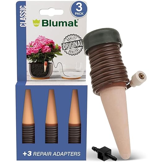 Blumat Classic Self-Watering Stakes - Prevents Overwatering and Underwatering for Healthy Growth While You are Away - Ideal for Indoor Plant Watering, 3 Pack, w Adapter