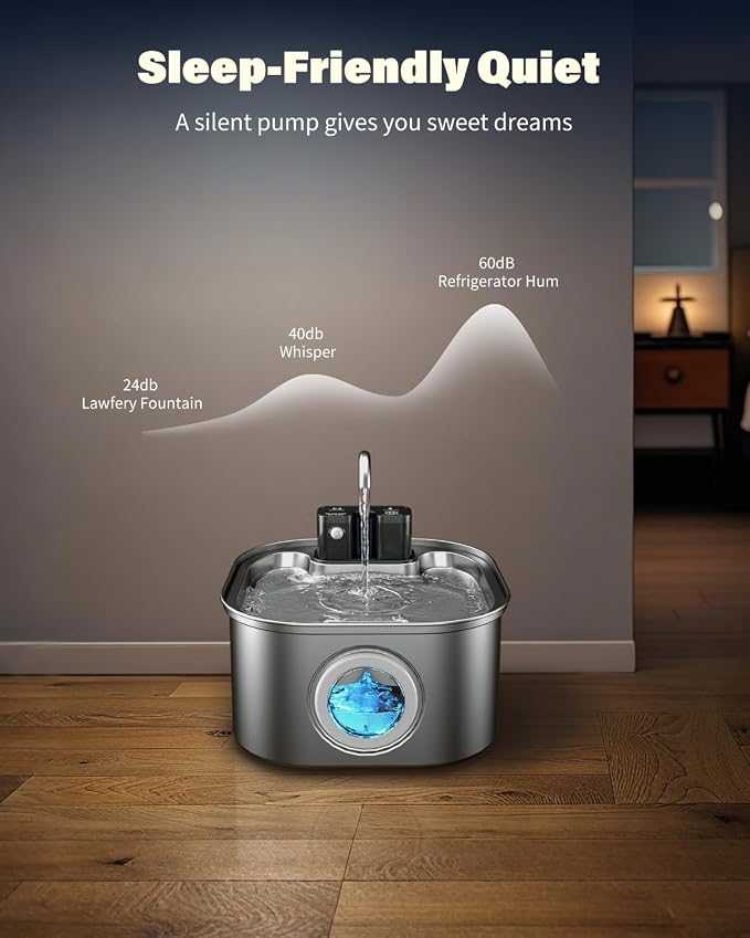 Lawfery Wireless Cat Water Fountain Stainless Steel 3.2L/108oz, Battery Operated Pet Fountain with 3 Modes, Cordless Pet Water Dispenser for Cats and Dogs
