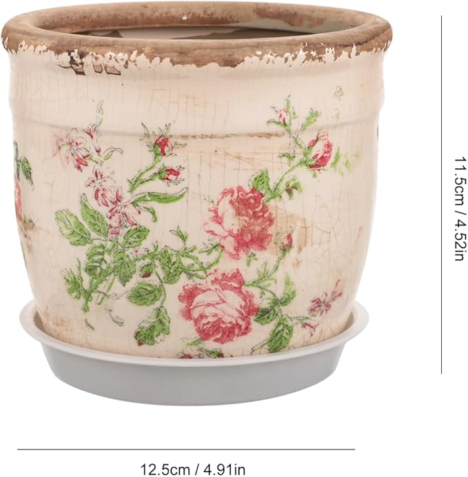 PRETYZOOM Vintage Succulent Pot with Drainage, 4.5'' Small Ceramic Planter with Floral Pattern, Indoor Flower Pot for Balcony, Kitchen, Windowsill Decoration, Christmas Supplies