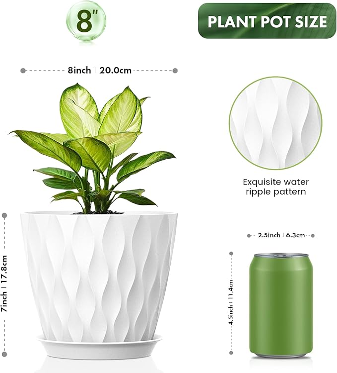 UOUZ 8 Inch Plant Pots, 4 Pack Plastic Planters for Indoor Outdoor with Drainage Holes & Saucers, Waffle Texture Flower Pots for Indoor Plants, Indoor Plant Pots for Monstera, Fiddle Leaf Fig, White
