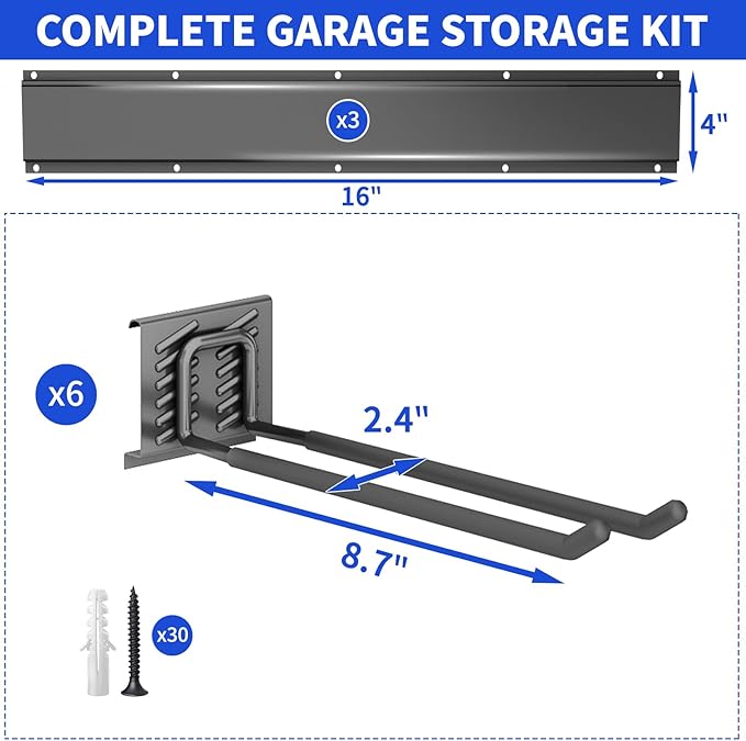 Garage Tool Organizer Wall Mount, 48 Inch Heavy Duty Garden Tool Organizer Storage System, Easy Install with 6 Adjustable Straight Hooks, for Garage, Basement, Shed, Workshop, Black, Steel