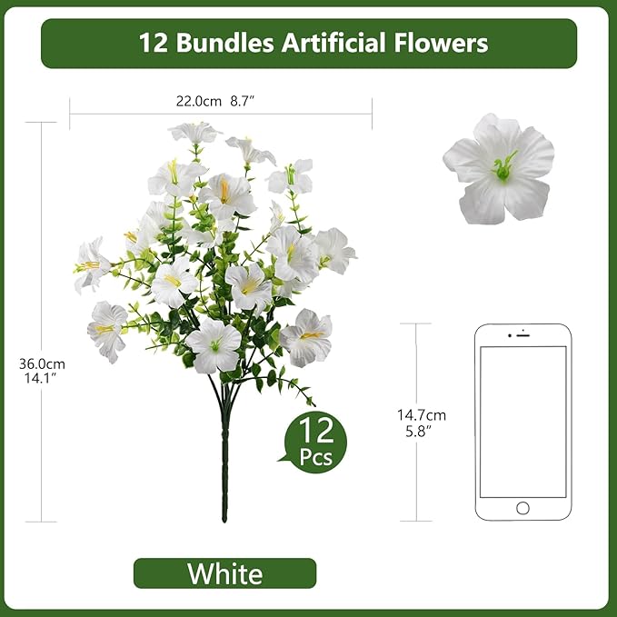 INQCMY Artificial Fake Petunias Flowers for Outdoors Spring Summer Decoration, 12 Bundles Faux Flower Plants UV Resistant White Realistic Silk Flower for Outside Planters Patio Porch Yard Window Box