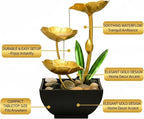 11‘’ H Gold Tabletop Water Fountain, Zen Desktop Waterfall, Indoor Lotus Desktop Decorative Fountain, Home Bathroom Bedroom Decor.