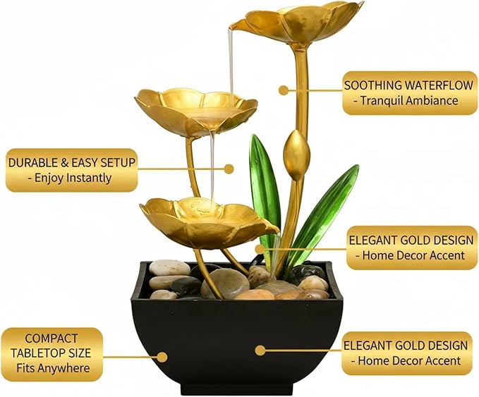11‘’ H Gold Tabletop Water Fountain, Zen Desktop Waterfall, Indoor Lotus Desktop Decorative Fountain, Home Bathroom Bedroom Decor.
