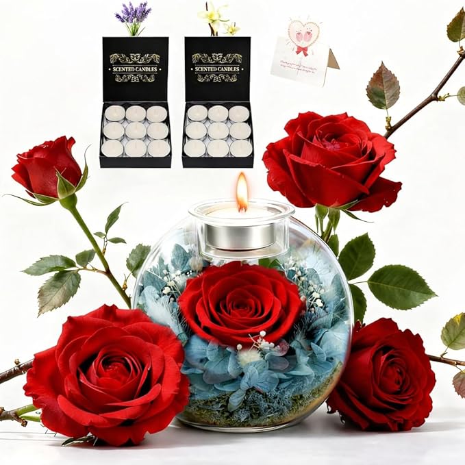 Preserved Real Rose in Glass with Scented Candles for Mom Her Wife Girlfriend Grandma Birthday Anniversary Romantic