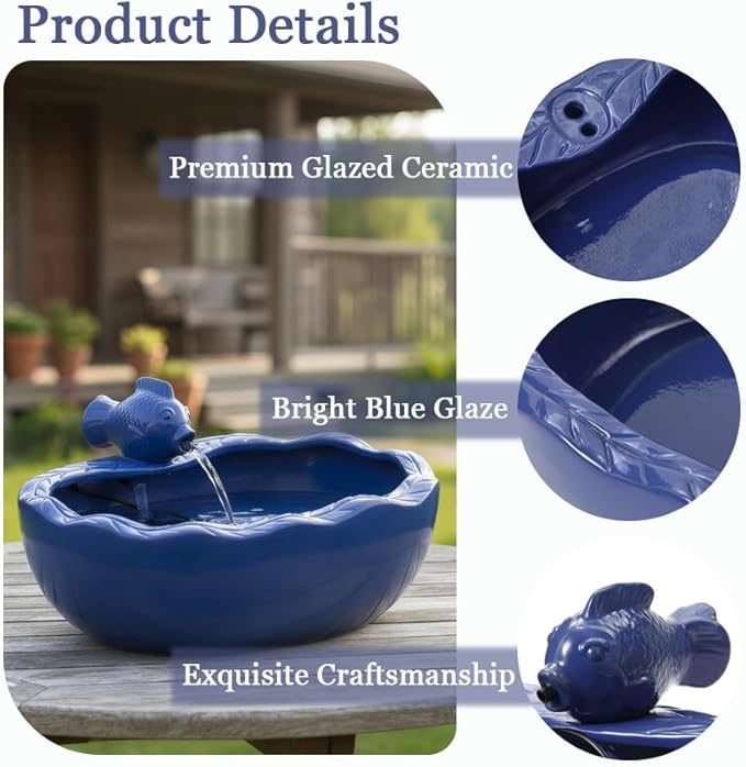 Solar Water Fountain, 11 inch Ceramic Koi Fountain, Blue Glazed Finish, Outdoor Solar Garden Fountain, Solar Powered Fountain for Garden, Tabletop, Balcony, Patio, Deck