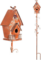 Dutch Cottage Bird House Stakes for Outside with Pole, Distressed Metal Birdhouse Stand for Outdoor Garden Decor(58")