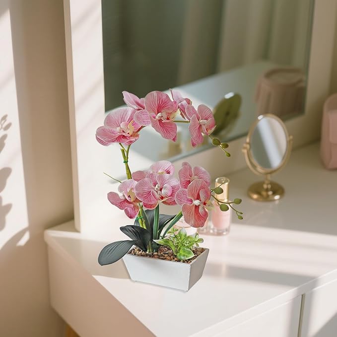 Pink Orchids Artificial Flowers Faux Orchid Plant Indoor Phalaenopsis Look Real With Pot Table Centerpieces Arrangement Lifelike Elegant Home Decor Dining Room Table Shelves Kitchen Decorative Flowers