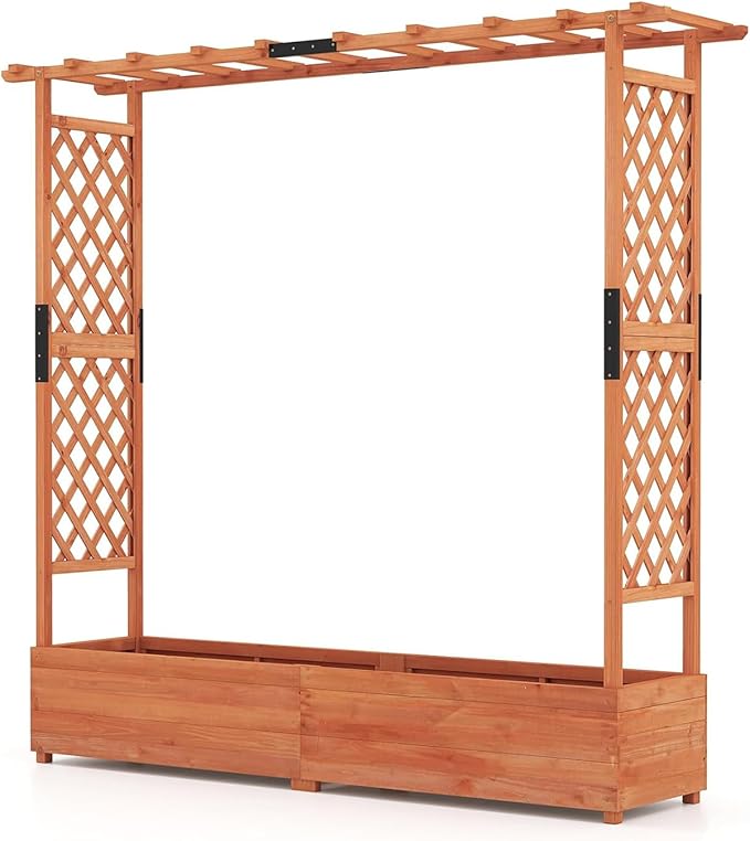 BECOMFORT Raised Garden Bed with Trellis & Hanging Roof, 72" Tall Fir Wood Planter Box with Drainage Holes, Outdoor Elevated Garden Planter for Climbing Vines (Orange, 77" Lx17 Wx72 H)