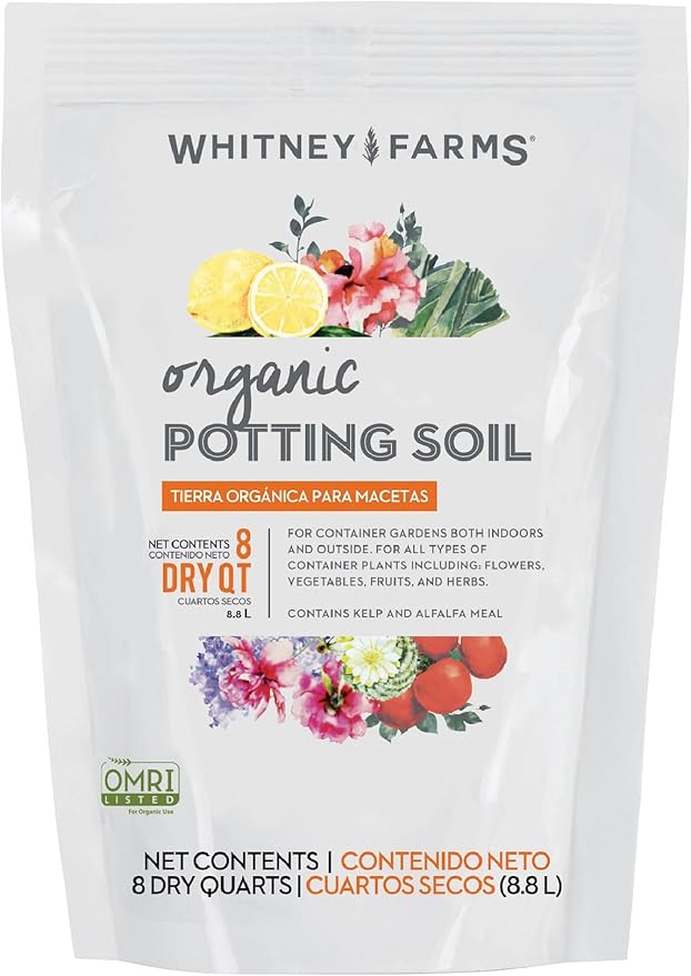 Whitney Farms Organic Potting Soil - Natural Indoor and Outdoor Container Mix, Organic Potting Soil for Vegetables, Herbs and Flowers, Feeds Plants up to 2 Months, 8 qt.