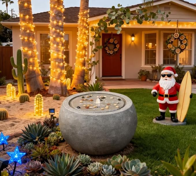 Tankana Garden Water Fountain Outdoor - Indoor Large Round Bubbler Water Feature with Lights & Pump and Concrete Effect for Patio Pool Pond Yard Home Decor Gray, 25 "L X 25" W X 17.5" H
