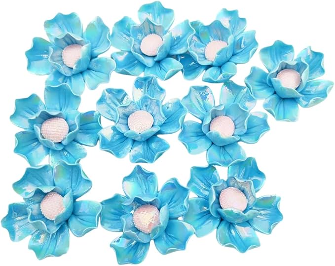 10 PCS 3D Flower Ceramic Tiles,1.6" Handmade Procelain Ceramic Flowers for Artwork,Fish Tank,Vases,Living Room, Dining Table,Office, Home Floral Decor (Double-Flowered Iridescent Blue)