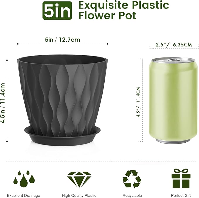 Meowell 5 inch Plant Pots for Indoor Outdoor Plants, 6 Pack Thick Nursery Pots with Drainage Holes and Saucers, 3D Modern Wave Texture Small Plastic Planter Flower Pots for Succulent, Herb, Black