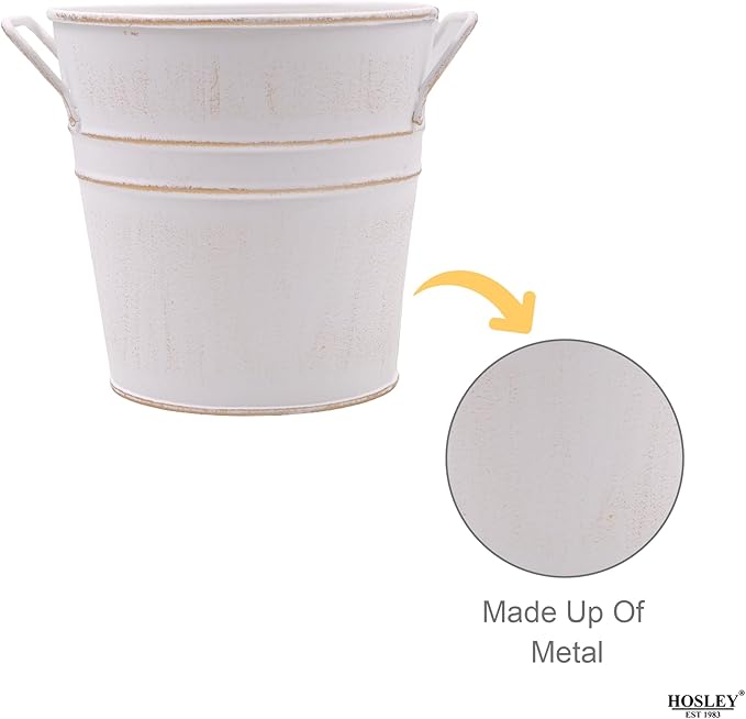 Hosley Set of 3 Whitewash Metal Bucket with PVC Liner, 5-Inch Height Plant Pot, Ideal for Floral Arrangements, Wedding, Home Office, Party, Garden Patio, DIY Indoor, Outdoor Garden.