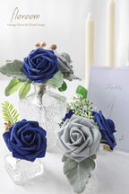 Floroom Artificial Flowers 25pcs Real Looking Silver Grey Foam Fake Roses with Stems for DIY Wedding Bouquets Bridal Shower Centerpieces Floral Arrangements Party Tables Home Decorations