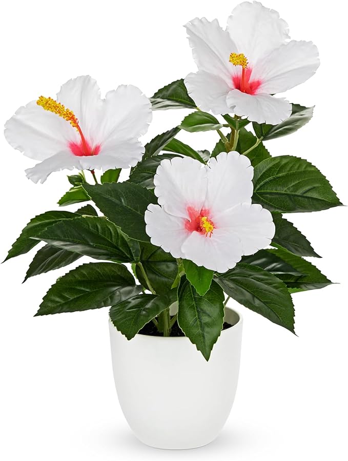 Briful Artificial Hibiscus Flowers in Pot, 14.5’’ Faux Hibiscus Plant, Spring Summer Flowers for Home Decor, Farmhouse Table Decor & Coffee Table Decor, Indoor Potted Fake Flower, White