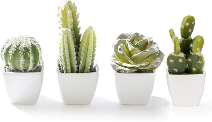 Artificial Mini Succulent & Cactus Plants in White Cube-Shaped Pots for Home Decor, Set of 4