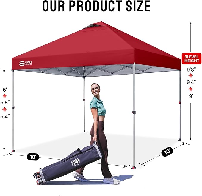 CROWN SHADES 10x10 Pop Up Canopy - Beach Tent with One Push Setup - Easy Outdoor Sun Shade for Events, Parties, Camping - Gazebo with STO-N-Go Cover Bag, Silver Coated Top, Red