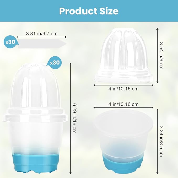Sckee Clear Nursery Pots for Plants, 30 Packs Plastic Seed Starting Pots with Drainage Holes Plant Nursery Pots Silicone Base (Blue, 4 inch with lids)