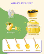 8Pcs Kids Gardening Set with Metal Basket & Real Metal Tools, STEM Outdoor Kit, Ergonomic Wooden Handles, 3 Shovels, Rake, Watering Can, Gloves, Tote Bag, Gift for Toddler Boys Girls, Yellow