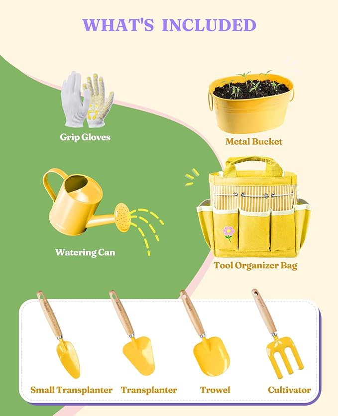 8Pcs Kids Gardening Set with Metal Basket & Real Metal Tools, STEM Outdoor Kit, Ergonomic Wooden Handles, 3 Shovels, Rake, Watering Can, Gloves, Tote Bag, Gift for Toddler Boys Girls, Yellow