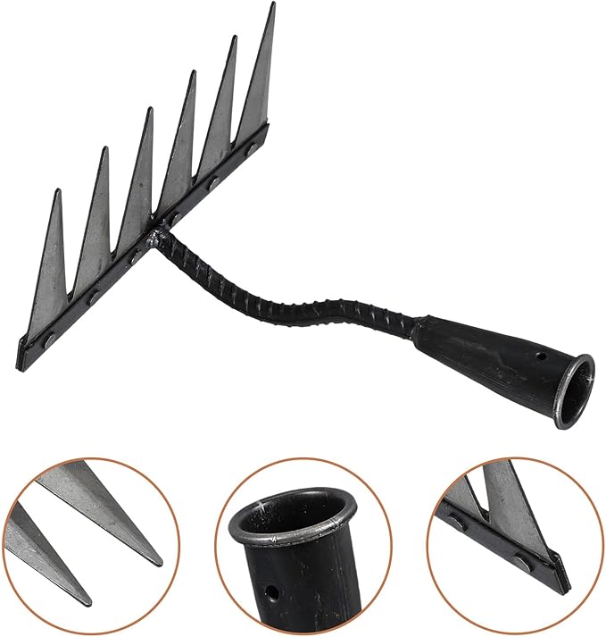 Veemoon Heavy Duty Steel Garden Rake with 6-Tine Sharp Dethatcher for Soil Loosening and Lawn Leveling, Small Hand Tool for Gardening and Landscape Maintenance