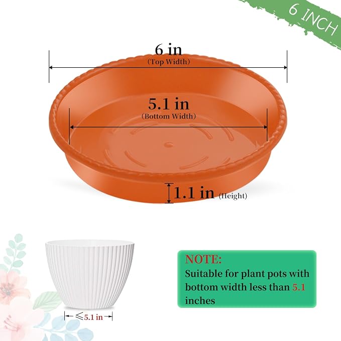 SupKing 6 Pack Plant Saucers Drip Tray,6 Inch Heavy Sturdy Plastic Flower Pot Saucers for Indoor, Plastic Planter Water Tray for Plant Pots Liners (6''-Terracotta)