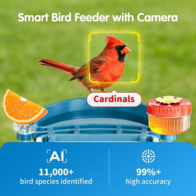 Bird Feeder with Camera, 4K UHD AI Video Bird Feeder Camera, Solar Powered Smart Bird Feeder with Camera for Outside, Instant Arrival Alerts, 3-in-1 Design, Ideal Gifts for Bird Lovers, Blue