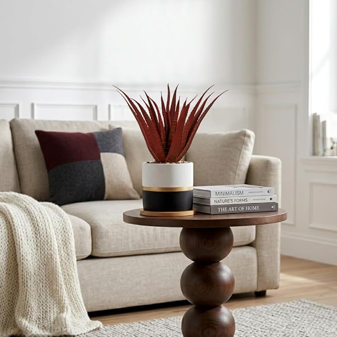 Briful Artificial Red Succulent Plant in Pot with Bamboo Tray, Small Agave Fake Plant for Desk Decor, Modern Aloe Faux Plant for Office, Shelf, Table, Bedroom, Indoor Home Decoration