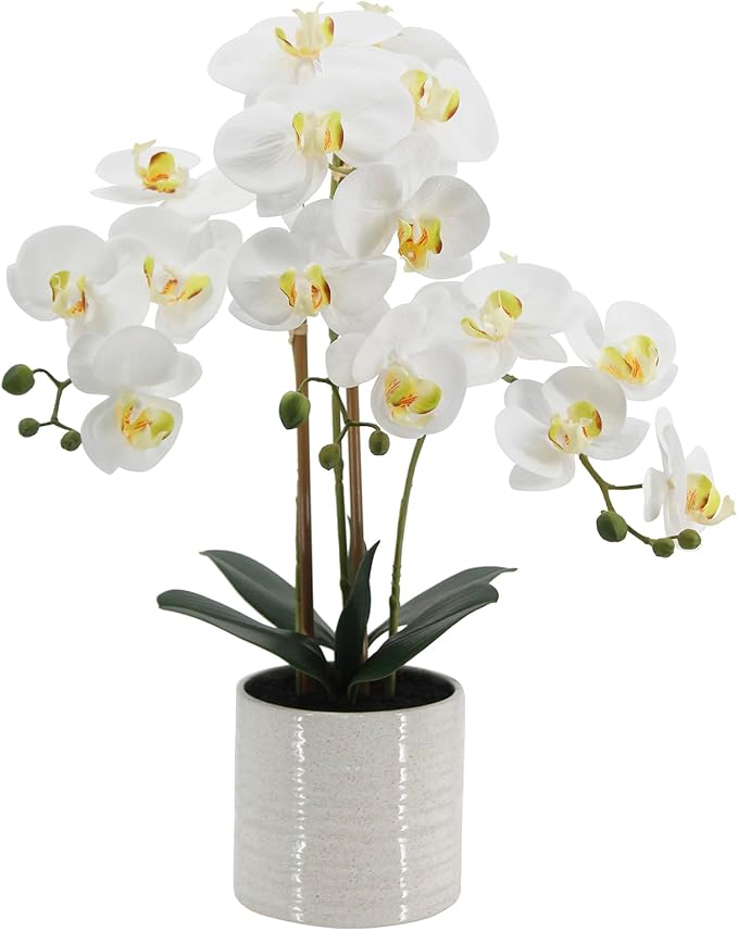 Artificial Orchid Flowers Fake Phalaenopsis Plant in Pot, 23" Tall Faux Orchids for Home Decor Indoor, Lifelike Silk Flowers for Centerpieces Office Arrangement-White