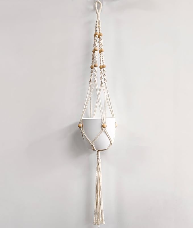 2 Pack Macrame Plant Hanger with Lights Indoor Hanging Planter Basket with Wood Beads Flower Pot Holder Handwoven Cotton Rope Tassels for Boho Home Window Decor 43.5 Inch, Ivory (POTS NOT Included)