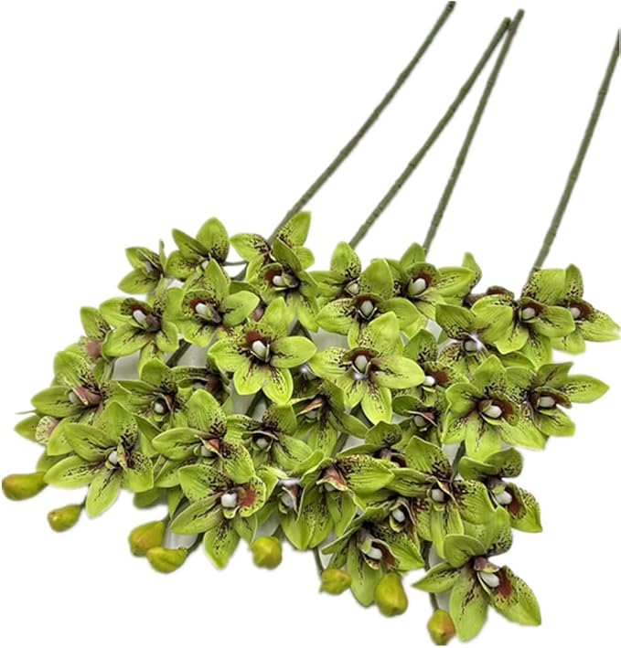 4pcs Green Cymbidium Orchid Flower 10 Heads Artificial Fake Latex Phalaenopsis Flowers for Wedding Centerpieces Home Hotel Floral Arrangment Decor (Green)
