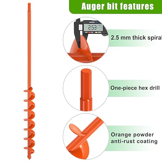 Insaga 1.6×32'' Auger Drill Bit for Planting, Carbon Steel Orange Powder Coated Spiral Drill Bit with Pointed Tip & Welded Blades, Safe Garden Auger for Post Hole Digger, Bulb Planter Tool