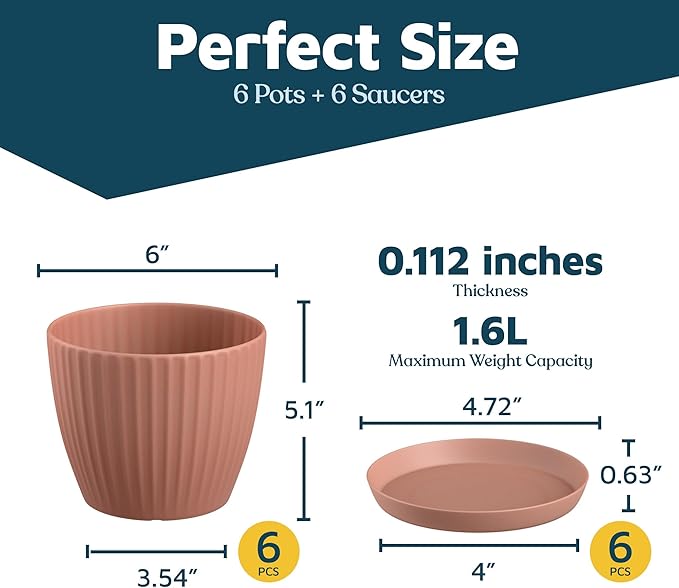 Pink 6-Inch Plant Pots with Drainage & Saucers 6 Pack, Indoor & Outdoor Planters for Houseplants, Herbs, and Flowers, Durable & Weatherproof Material, Stackable, Lightweight, Minimalist Design