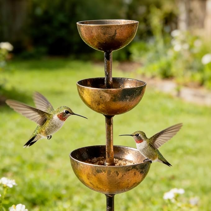 Rain Catcher - Plant Support, Rust Patina Metal Rain Catcher Garden Stake with Water Bowl, Decorative Outdoor Yard Accent & Memorial Day Backyard Decor (1pcs)