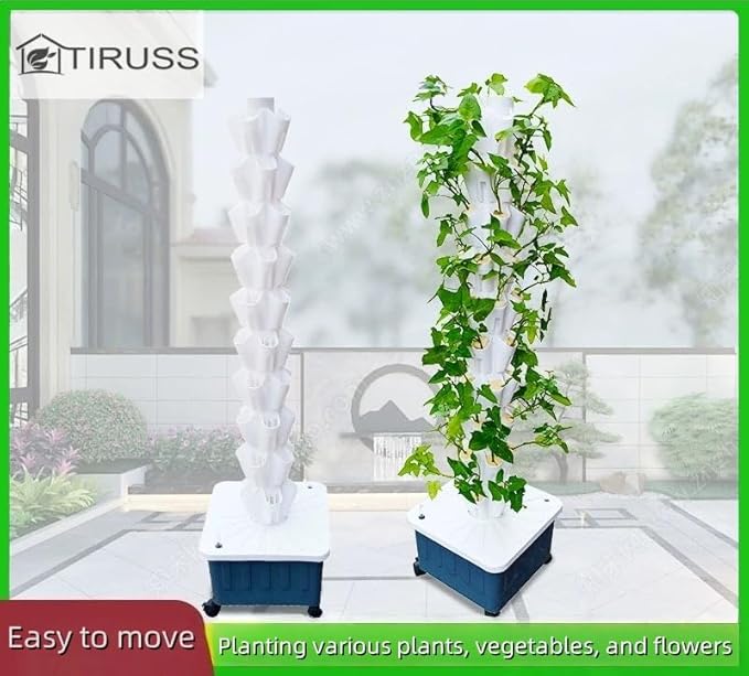 TIRUSSS Hydroponic Growing System Kit, Aeroponic Tower 50 Hole Garden Vertical Vegetable Planting System with Pump and Mobile Water Tank