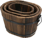 MY MIRONEY 3PCS Wooden Planter Barrel Set Vintage Style Wood Bucket Rustic Garden Flower Plant Pots Container with Metal Handles, Oval, Small, Medium & Large