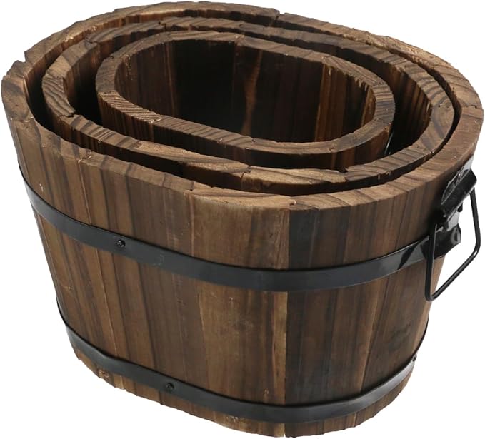 MY MIRONEY 3PCS Wooden Planter Barrel Set Vintage Style Wood Bucket Rustic Garden Flower Plant Pots Container with Metal Handles, Oval, Small, Medium & Large