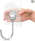 Antimbee 50 Pack Clear Adhesive Hooks, 37lb(Max) Heavy Duty Self Adhesive Hooks, Sticky Wall Hook with No Damage and Quick Assembly, Waterproof Bathroom Kitchen Wall Accessories Hanger and Holder