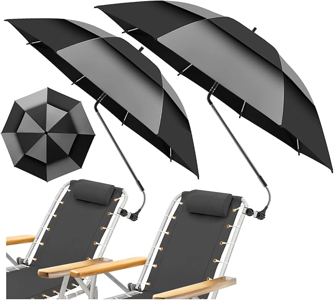 48.6" Double Canopy Beach Umbrella with Clamp, UPF50+ Beach Chair Umbrella with clip, 360°Adjustable Portable Outdoor Wheelchair, Patio, Golf Carts,Camping(Grey/Black)