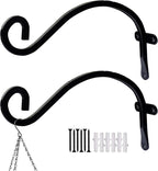 Hourleey 2 Pack Plant Hanger Outdoor, 8 Inch Heavy-Duty Hanging Plant Hook for Outside Basket, Black Metal Wall Mount Plant Bracket Hook for Flower Baskets Bird Feeder