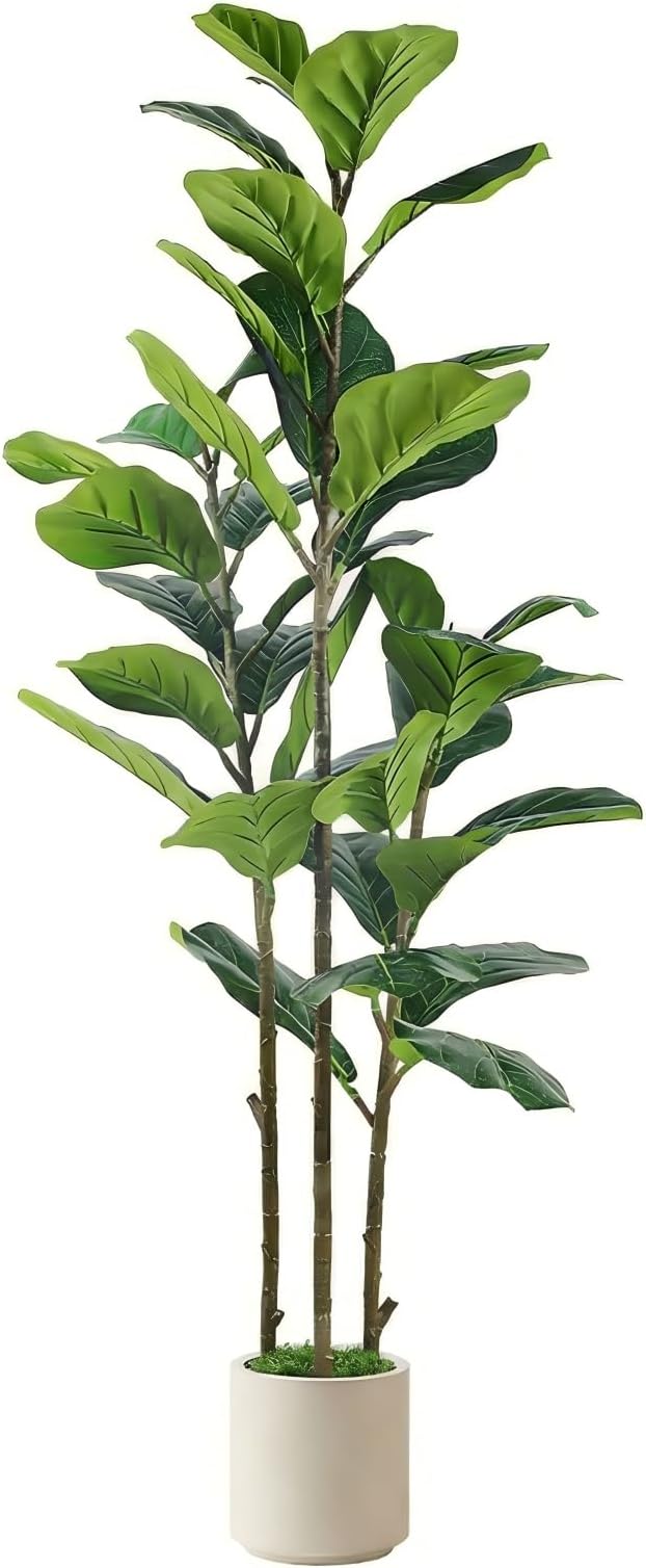 Alupssuc 5FT Artificial Fiddle Leaf Fig Tree with White Planter Pot, 5 feet Tall Fake Tree for Home Decor, Faux Ficus Tree Fake Moss for Indoor Outdoor Office Living Room