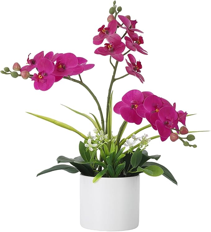 Garvee Real Touch Silk Phalaenopsis Orchid Artificial Flowers - 3 Stems Faux Orchid Bough with Vase, Lifelike Large Fake Flowers in Pot for Home Decor Living Room Bedroom Office Tabletop