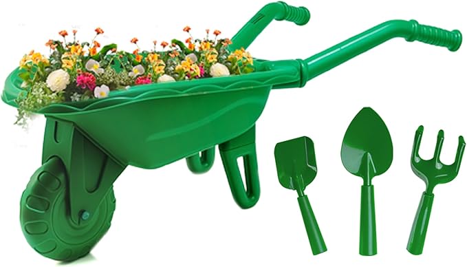 Duckura Kids Wheelbarrow Set - Gardening Tools for Kids with Shovel, Rake, Trowel, Outdoor Yard Lawn Digging Weed Toys, Easter Birthday Gifts for Boys Girls Age 2 3+Years Old(Green B)