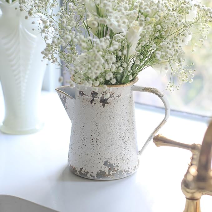 Vintage Pitcher Vase Rustic Farmhouse Vase for Flowers Vintage Metal Milk Jug Small Decorative Pitcher Shabby Chic Decor for Home, Kitchen, Bathroom, White
