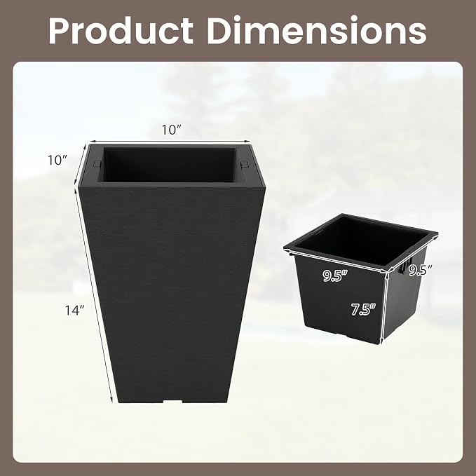 Giantex Square Taper Planter Set of 2, 10"x10"x14" Self-Watering Flower Pots with/Removable Inner Bucket & Drainage Holes, Indoor Outdoor Decorative Plant Container for Porch Balcony, Black